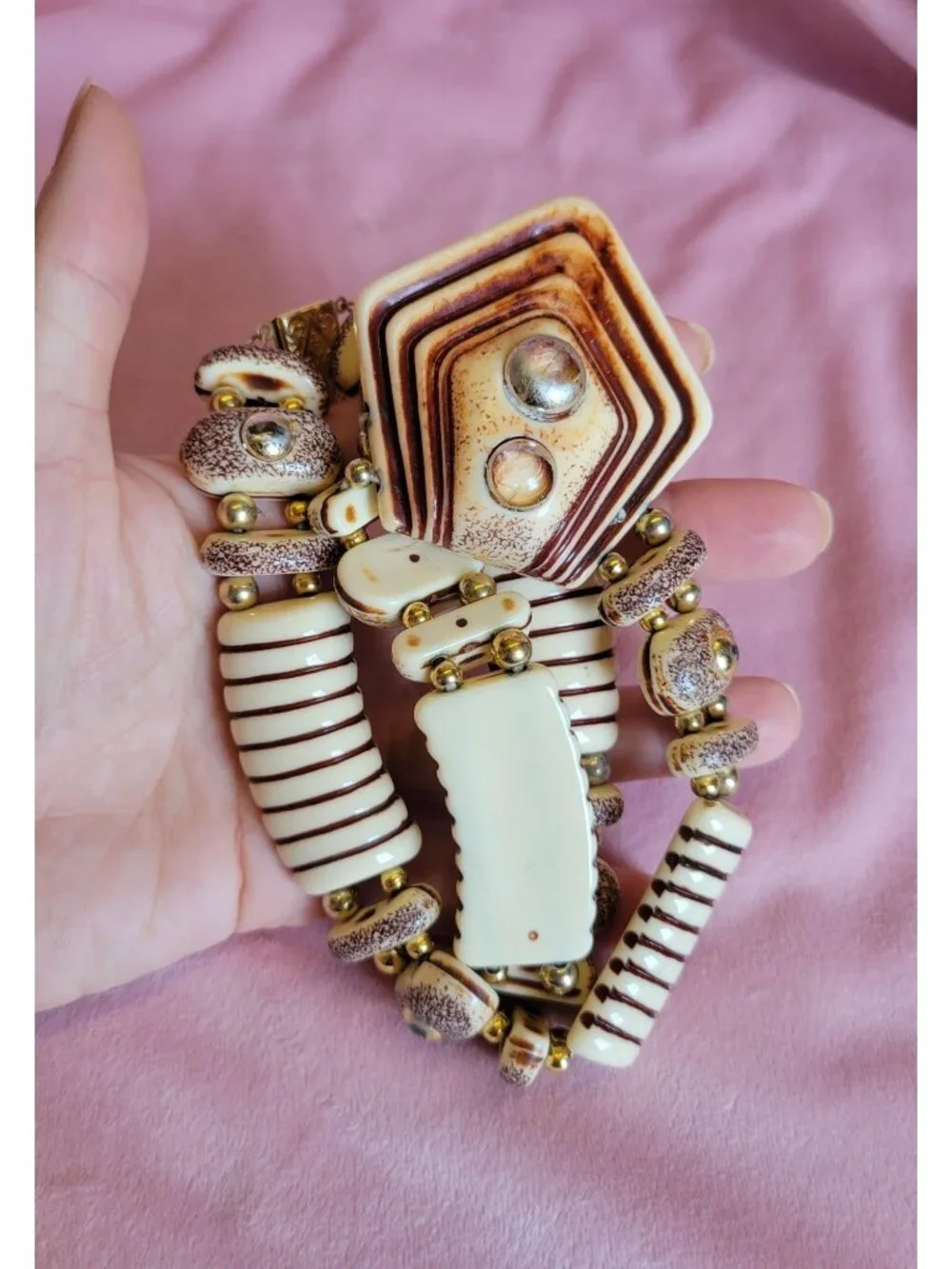Vintage 70's Cream and Brown Geometric Gold Tone Statement Necklace N1F